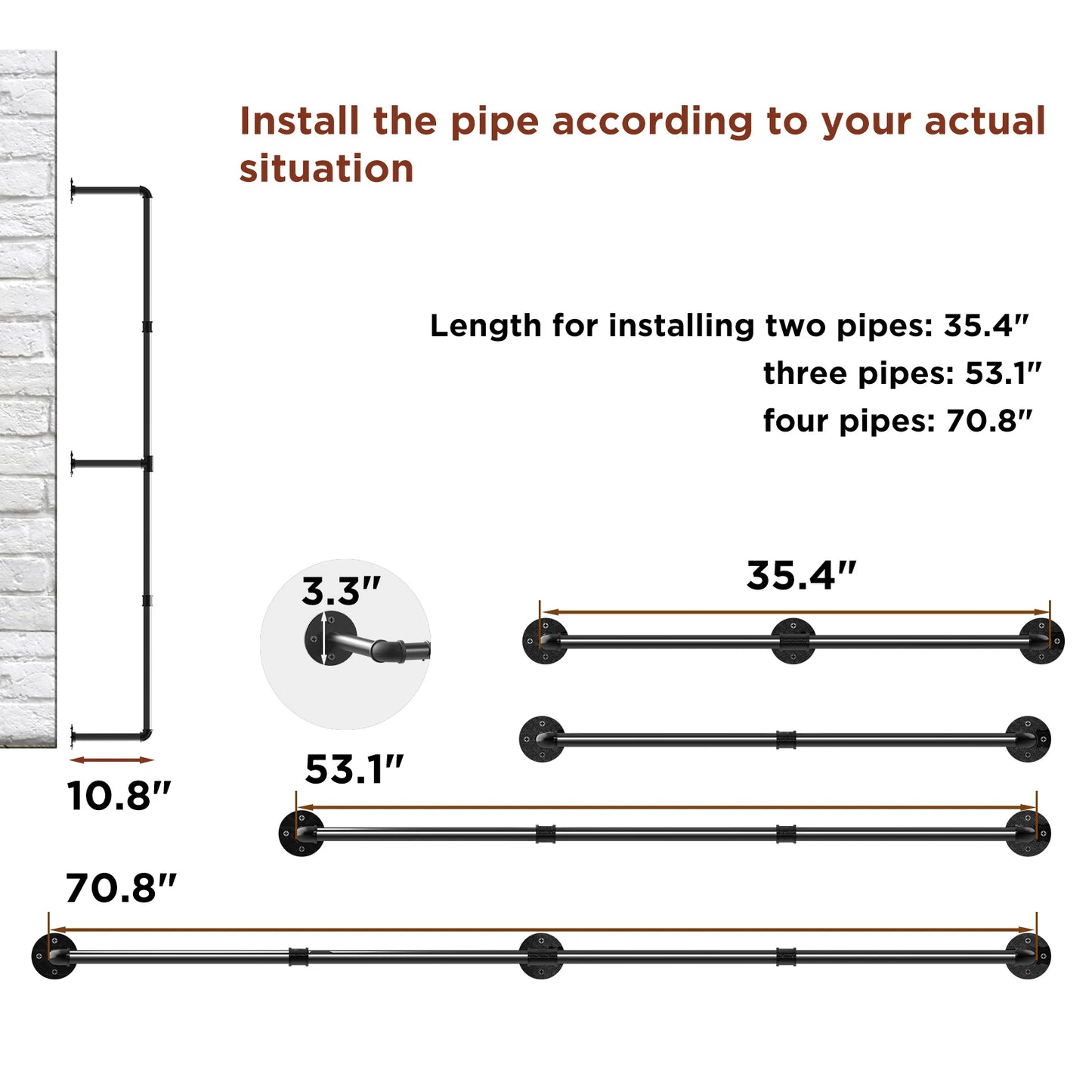 70.8 Inch Industrial Pipe Clothing Rack Wall Mounted Clothes Rail Garment Hanging Bar Rod Display Rack Closet Storage