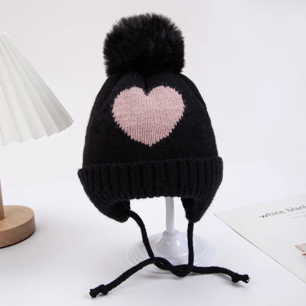 Cute Pompom Baby Turban Hats Heart Knitted Caps Boys Girls Beanies 0-3T Autumn Winter Kids Headwraps Bonnets Hair Accessories