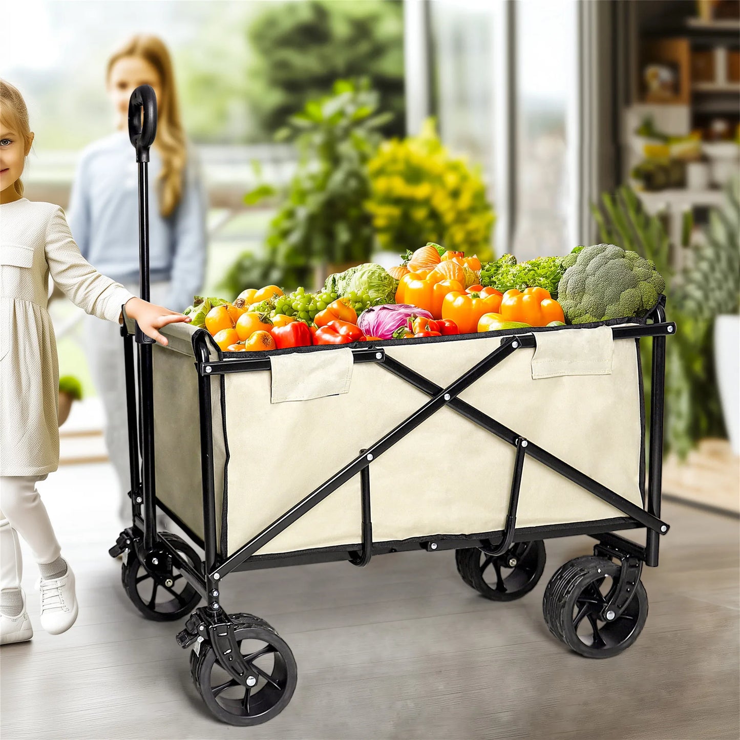Wisfor 440 Lbs Foldable Wagon Cart , Heavy Duty Metal Garden Cart with Adjustable Handle for Camping Shopping Beach