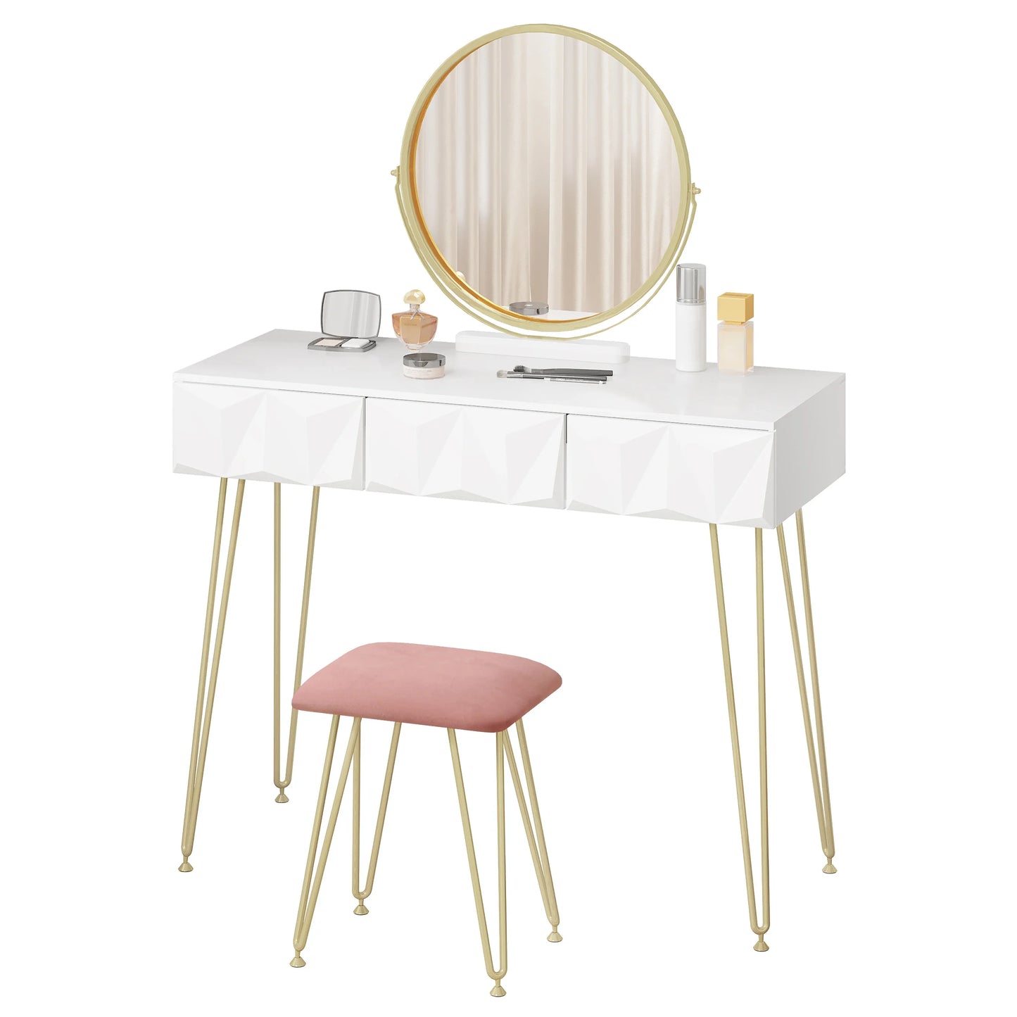 1SET White Gold Dressing Table with 360° Swivel Mirror 3 Drawers 3D Effect Velvet Stool Cosmetic Makeup dressers for Bedroom