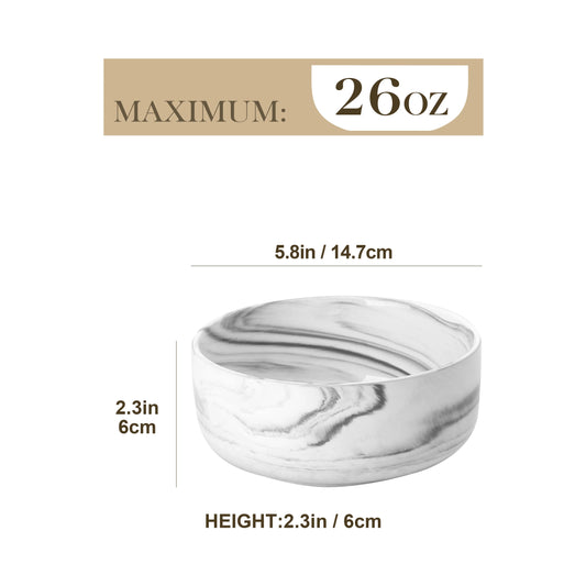 MALACASA 4 Piece Bowl 26oz Ceramic Dinnerware set White Porcelain Plates Grey Marble Tableware Set Cereal Bowls Salad Soup Bowls