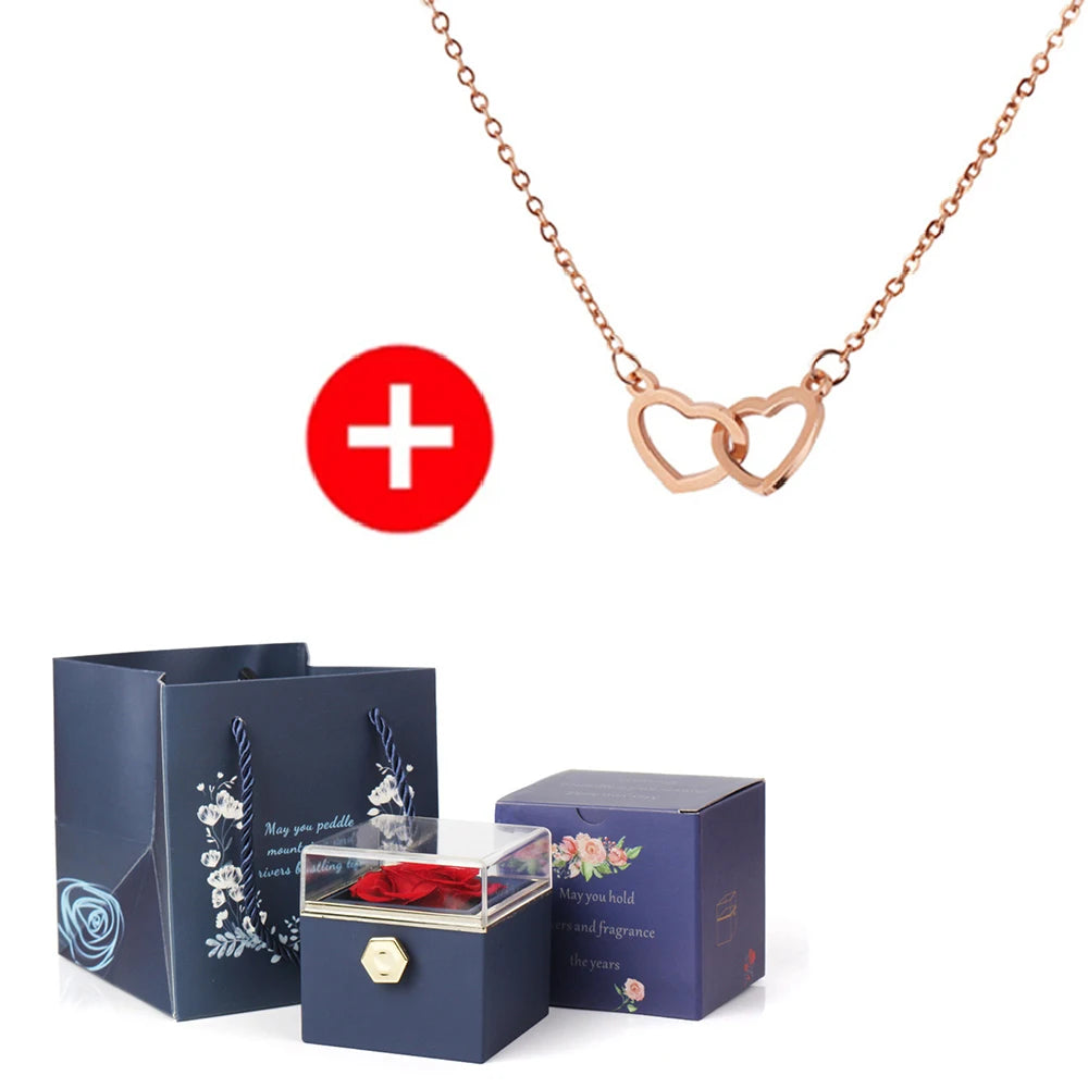 2024 New Valentine's Day Gift Custom for Women Double Heart Engraved Name Steel Necklace Eternal Rose Box Wedding Ring Box