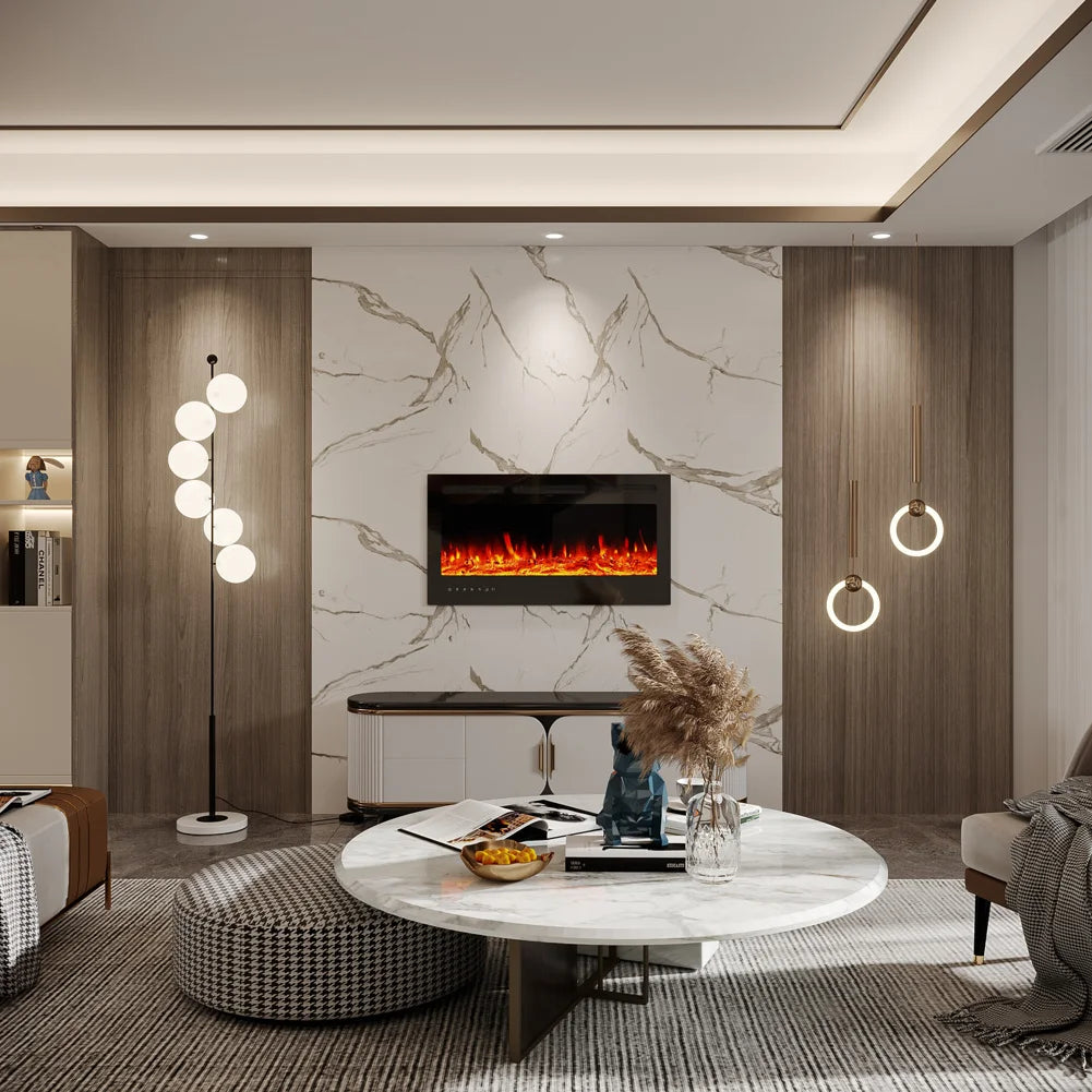 KOMORE Recessed/Wall Mounted Electric Fireplace Adjustable Flame with Remote 102cm 1800W Flame Effect Overheat Protection