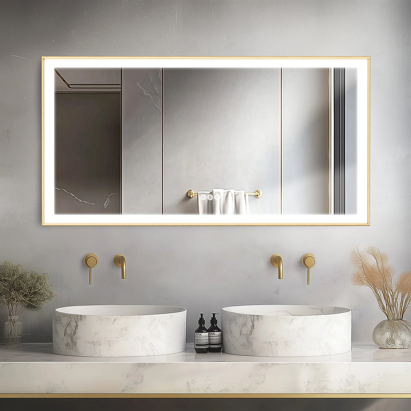 Gold Lighted Bathroom Mirror Rectangular Large LED Lighted Bathroom Mirror Gold Aluminum Frame with Front-lit Adjustable