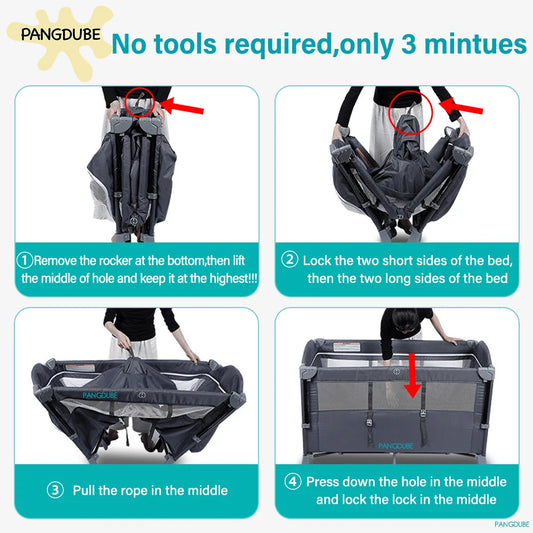 PANGDUBE 4-in-1 Baby Crib Multifunctional Convertible Bed with Rocker & Baby Playpen Newborn Changing Table Foldable Travel Cot