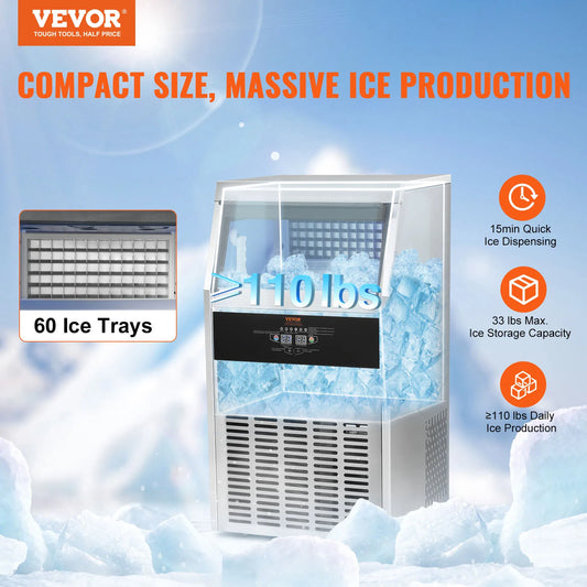 VEVOR Commercial Ice Maker 110lbs/24H 60 Ice Cubes in 12-15 Minutes 33lbs Storage Capacity LED Digital Display