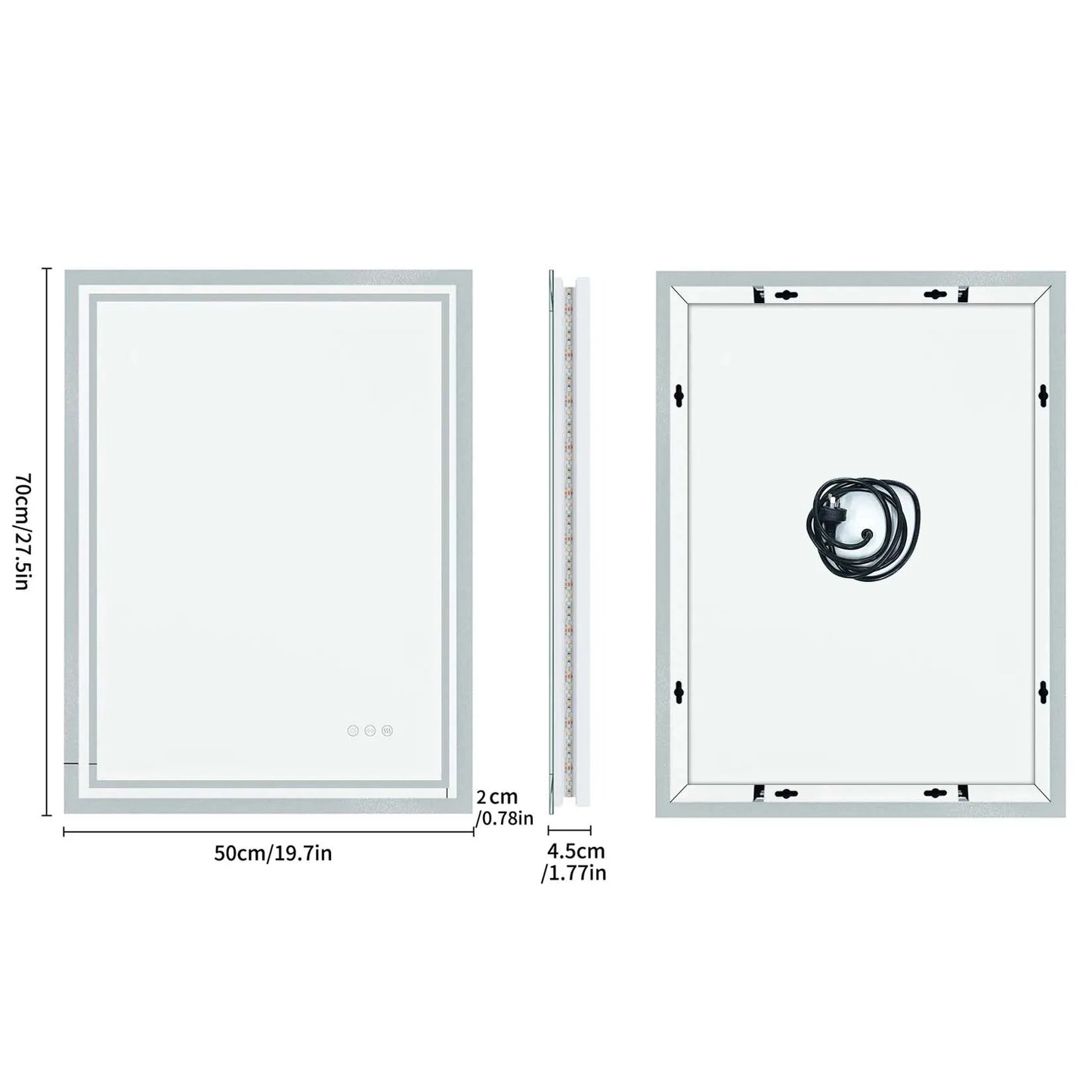 LED Light Bathroom Mirror Illuminated Wall Mounted Vanity Makeup Anti-Fog Rectangle 3 Colors Touch Light