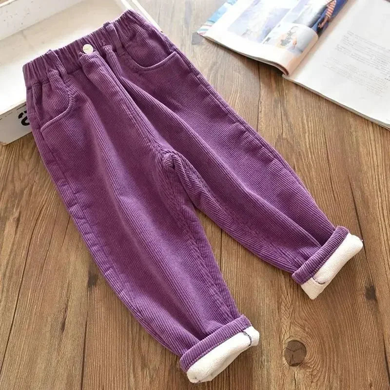 Kids Warm Pants Boy Girls Autumn Winter Corduroy Thick Outer Wear Sports Trousers 1-9Y Children Clothes Casual High Waist Pants