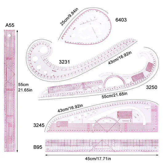 6-Piece French Curve Ruler Set - Flexible Tailoring Templates for Dressmaking, Pattern Drafting & DIY Sewing Projects