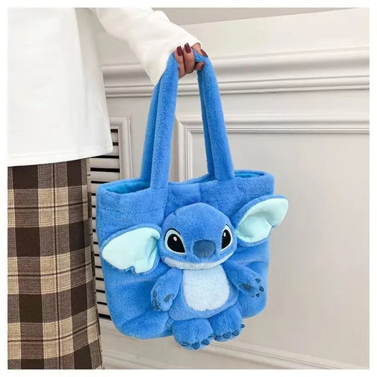Disney 2025 New Cartoon Plush Doll Shoulder Bag Sweet and Cute Stitch Strawberry Bear Soft Cute Girls Handbag