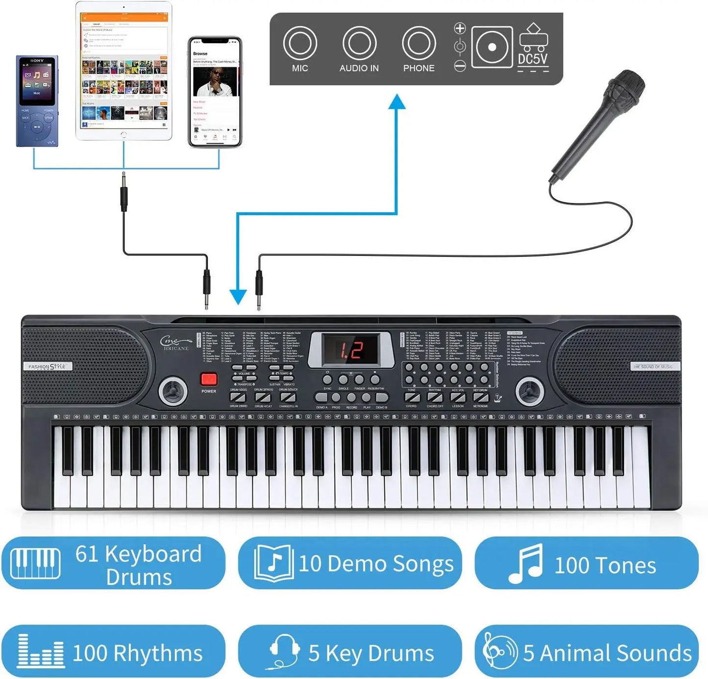 Kids Piano Keyboard, 61 Keys Beginner Electronic Keyboard Portable Digital Music Keyboard, Early Education Music Instrum