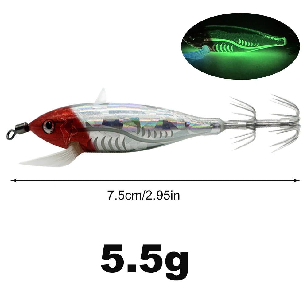 Horizontal wood Shrimp 5.5g Laser Luminous Floating Egi lure Squid Jigging Shrimp Octopus Cuttlefish Night Fishing Baits Sea