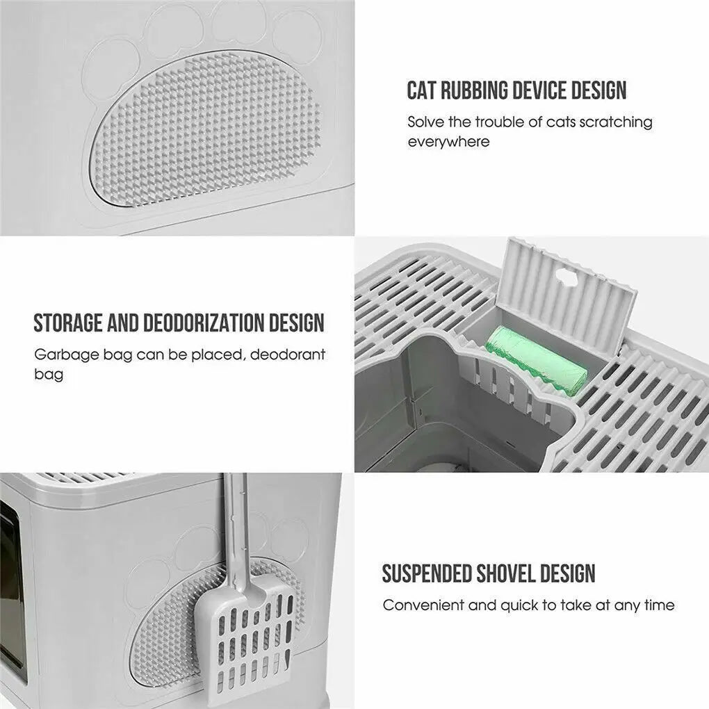 Foldable Cat Litter Box Front Entry & Top Exit Toilet Boxes with Scoop Enclosed Kitty Toilet Tray Pan