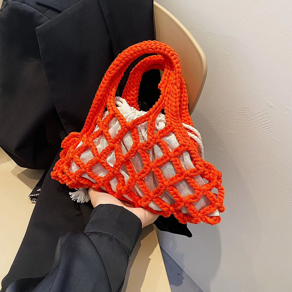 Summer Cotton Thread Woven Handbag Women Crochet Beach Bag Hollow Out Knitting Mini Top-Handle Bag Straw Mesh Boho Wristlet Bags