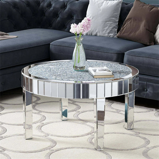 FATIVO Large Round Mirrored Coffee Table Beveled Bling Crushed Diamond End Table