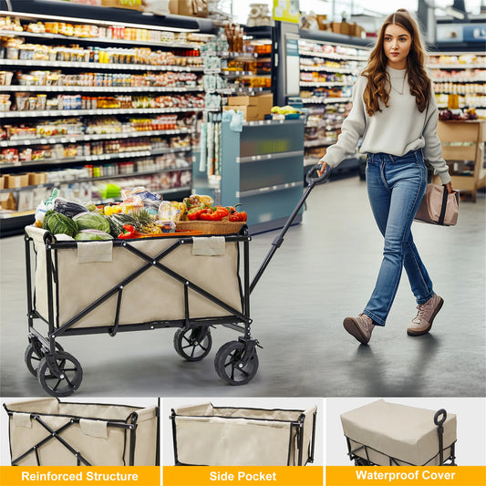 Wisfor 440 Lbs Foldable Wagon Cart , Heavy Duty Metal Garden Cart with Adjustable Handle for Camping Shopping Beach