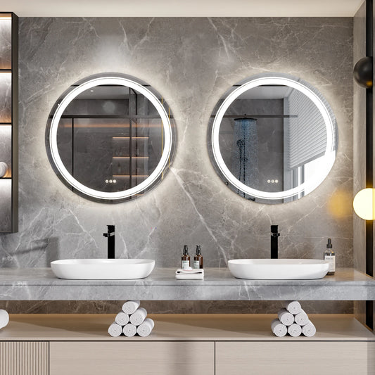 Large Round LED Lighted Bathroom Mirror Wall Mount Vanity Frameless Backlit Touch Dimmer Switch Anti-Fog 3 Color