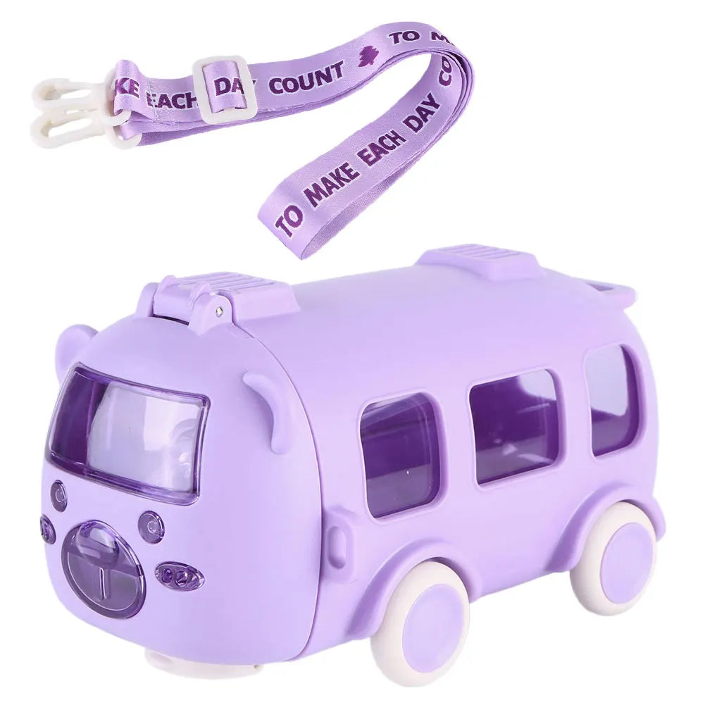 500ML Bus Shape Cartoon Water Cup with Movable Wheels & Strap Plastic Drinking Bottle Leakproof for Home Travel School