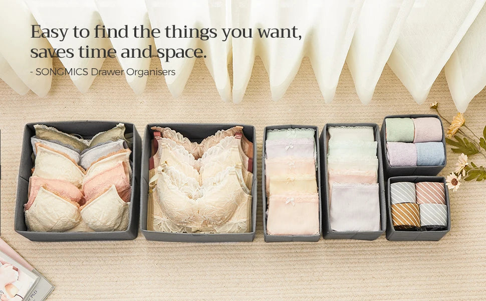 SONGMICS Drawer Organisers, Dresser Dividers, Set of 6, Foldable Fabric Storage Boxes for Socks, Underwear, Bras, Ties