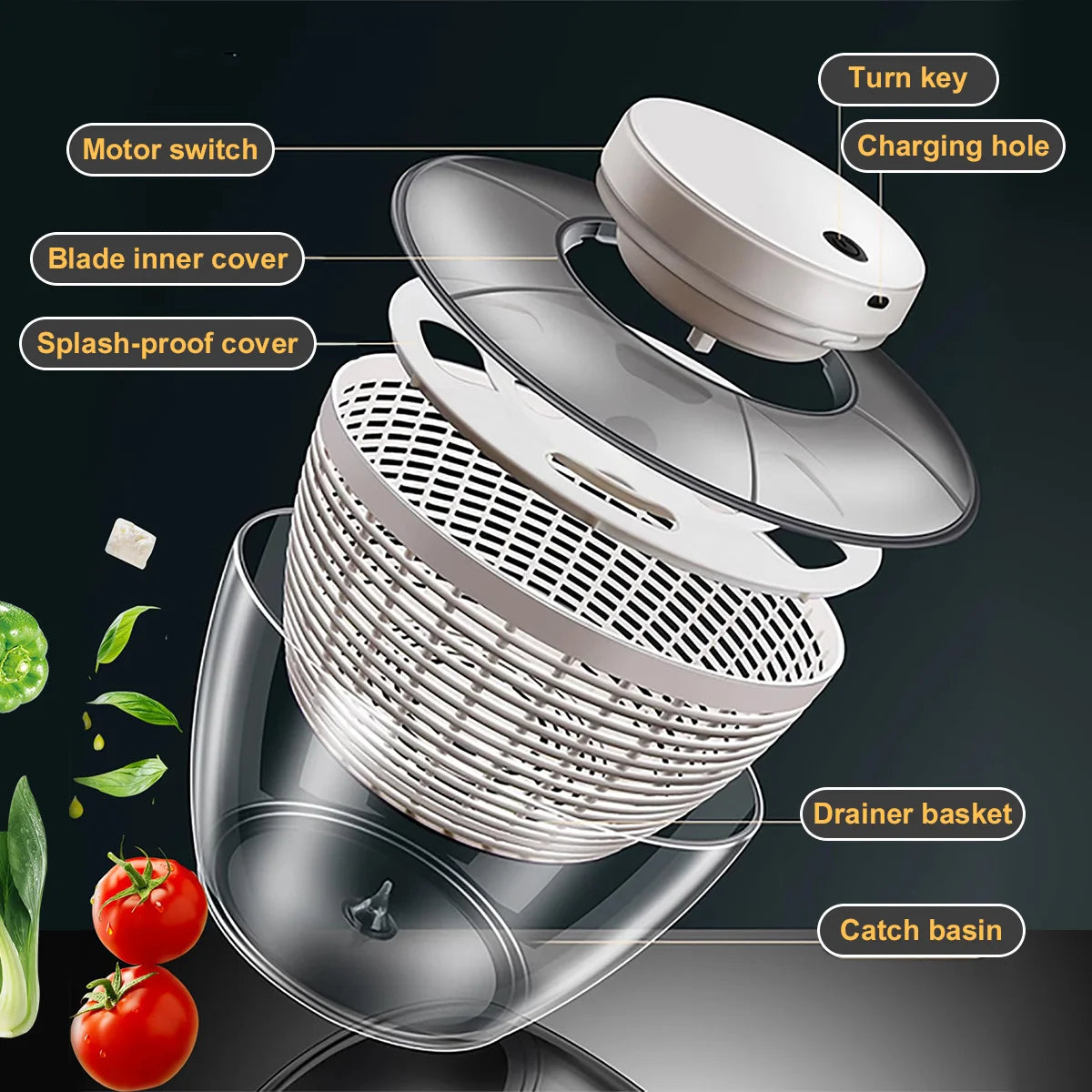 Leeseph Electric Salad Spinner, Fast Vegetable Drying, Kitchen Vegetable Dryer and Salad Dryer for Vegetables, Noodles, Fruits