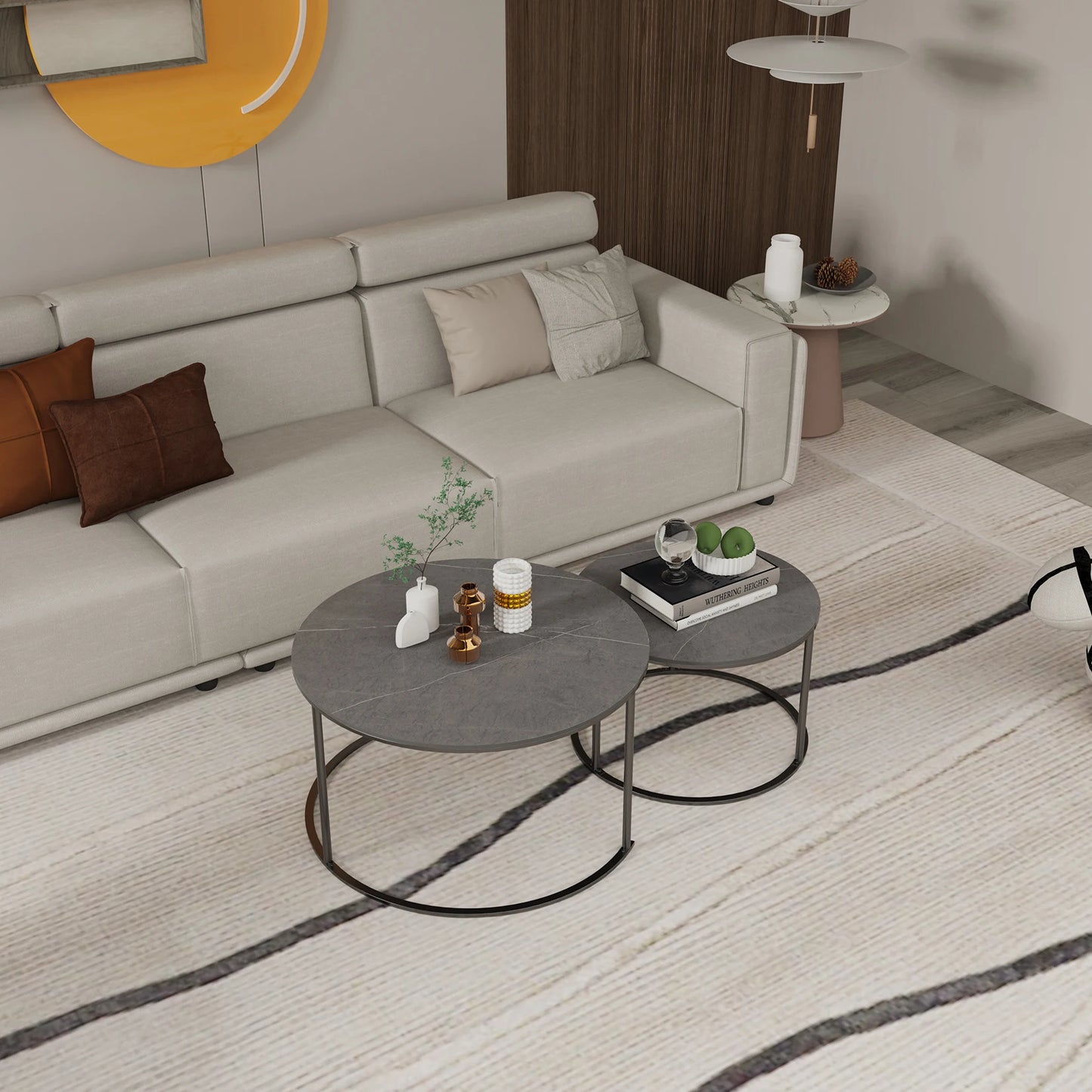 Modern Nesting Round Grey Marble Top Coffee Table Set Sintered Stone Table Metal Legs Home Furniture