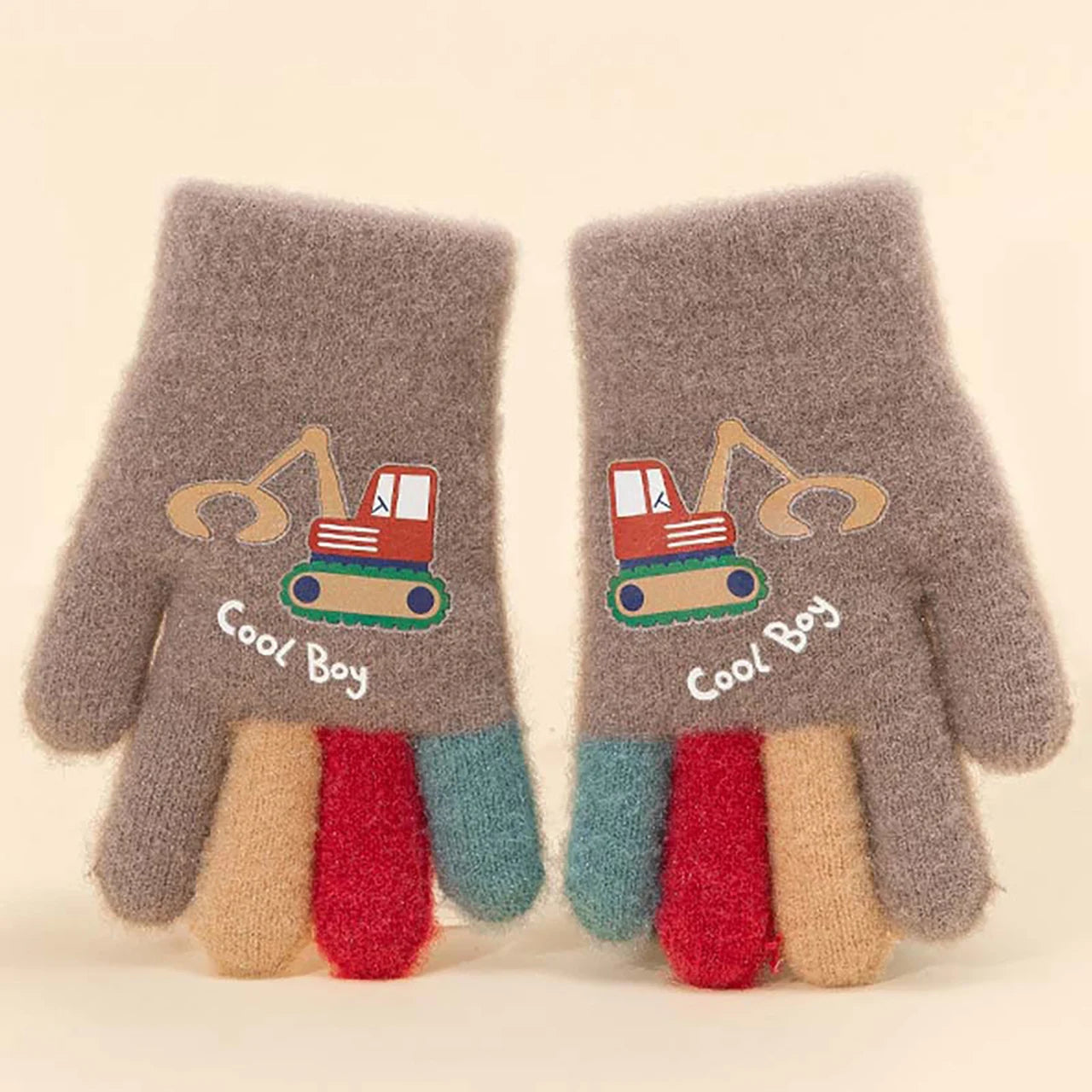 Kids Winter Gloves - Cute Excavator Cartoon Knitted Mittens for Boys & Girls (Ages 7-13)