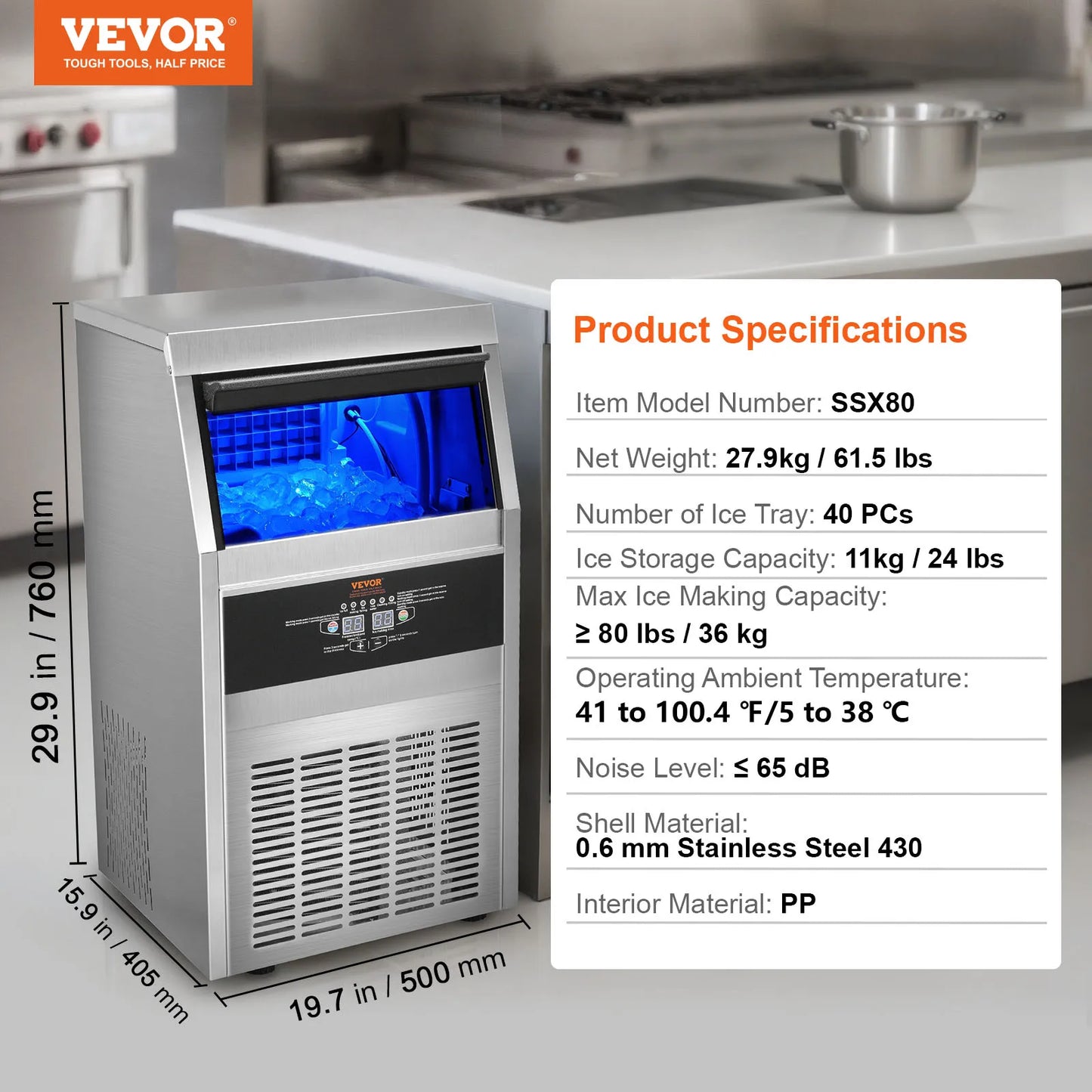 VEVOR Commercial Ice Maker 110lbs/24H 60 Ice Cubes in 12-15 Minutes 33lbs Storage Capacity LED Digital Display