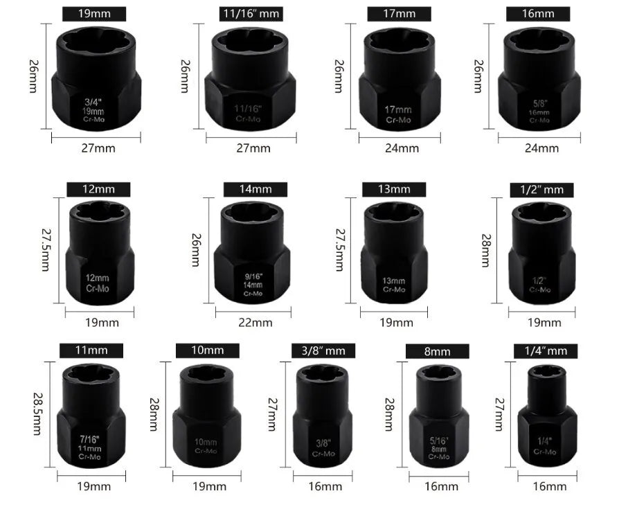 13Pc Locking Wheel Nut Remover Set Stud Bolt Impact Twist Socket Extractor Tool~