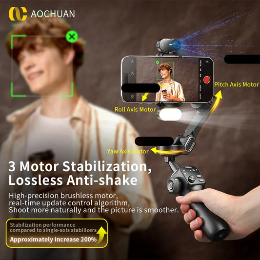AOCHUAN 3-Axis Handheld Gimbal Phone Stabilizer with Extension Rod 8.0 Anti Shake Face Tracking for Phone Outdoor Shooting Vlog