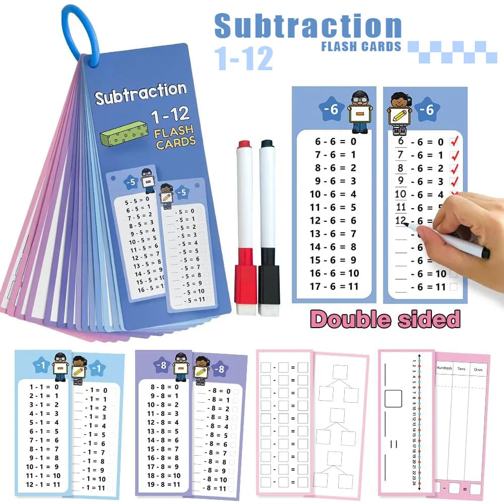 Wipeable Math Training Cards, Addition, Subtraction, Multiplication, Division, Kids Math Practice, Montessori Teaching Aid