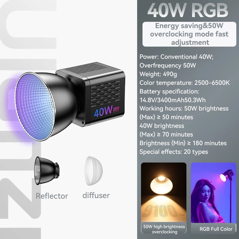 Ulanzi 40W Video Light COB Continuous Lighting Bowens Mount for Studio Video Tiktok Youtube Professional Led light photography