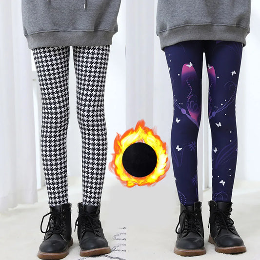 Girls Winter Leggings - Warm Plush Thickened Butterfly Print Pants for Kids