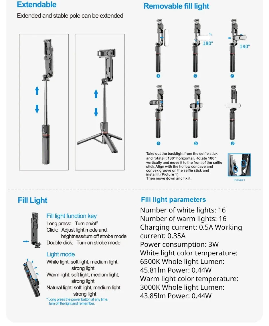 Selfie Stick with Fill Light Tripod with Bluetooth Remote Shutter Retractable Rod for iPhone Xiaomi Huawei for Phone Video Live