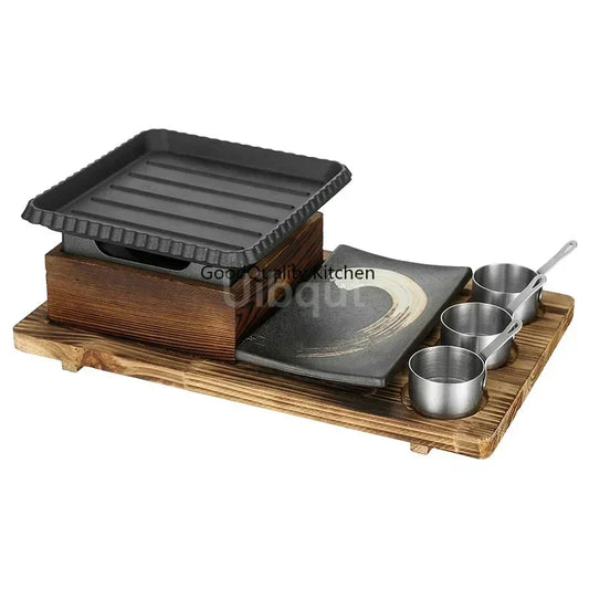Dining room single and double tableware Cast iron barbecue plate Square alcohol oven baking tray Korean style barbecue stove set