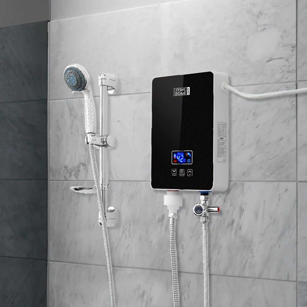 KOMORE 6kW 220V Tankless Electric Water Heater with Shower Head Digital Temperature Display for Kitchen Bathroom Shower