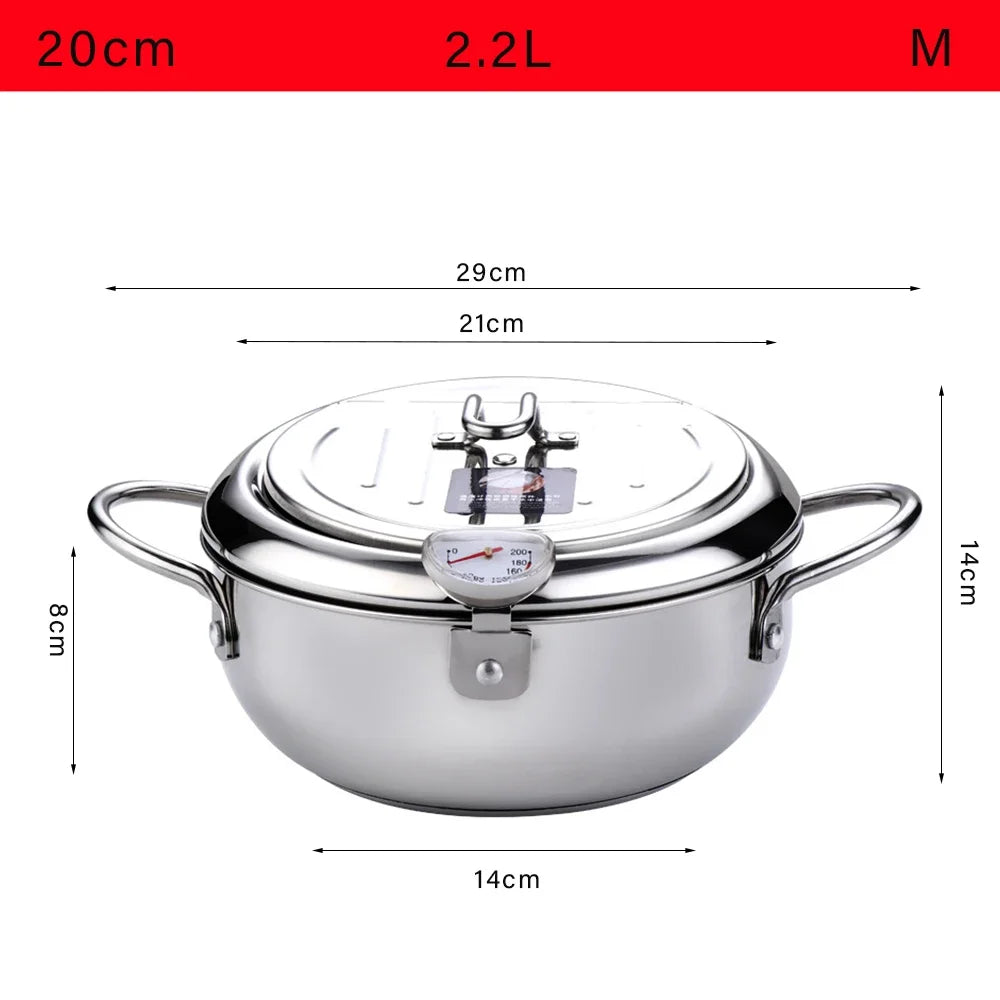 Japanese Deep Fryer With Thermometer and Lid 304 Stainless Steel Kitchen Tempura Fryer Pan Fryer Without Oil Frying Pan Fryer
