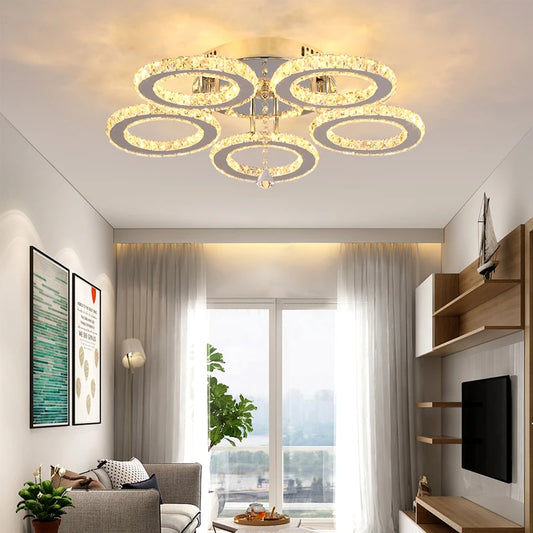 Modern K9 Led Crystal Ceiling Lamp Smart Chandelier Pendant Light Ring Chrome Plafonier Fixture Dining Living Room Decor Luxury