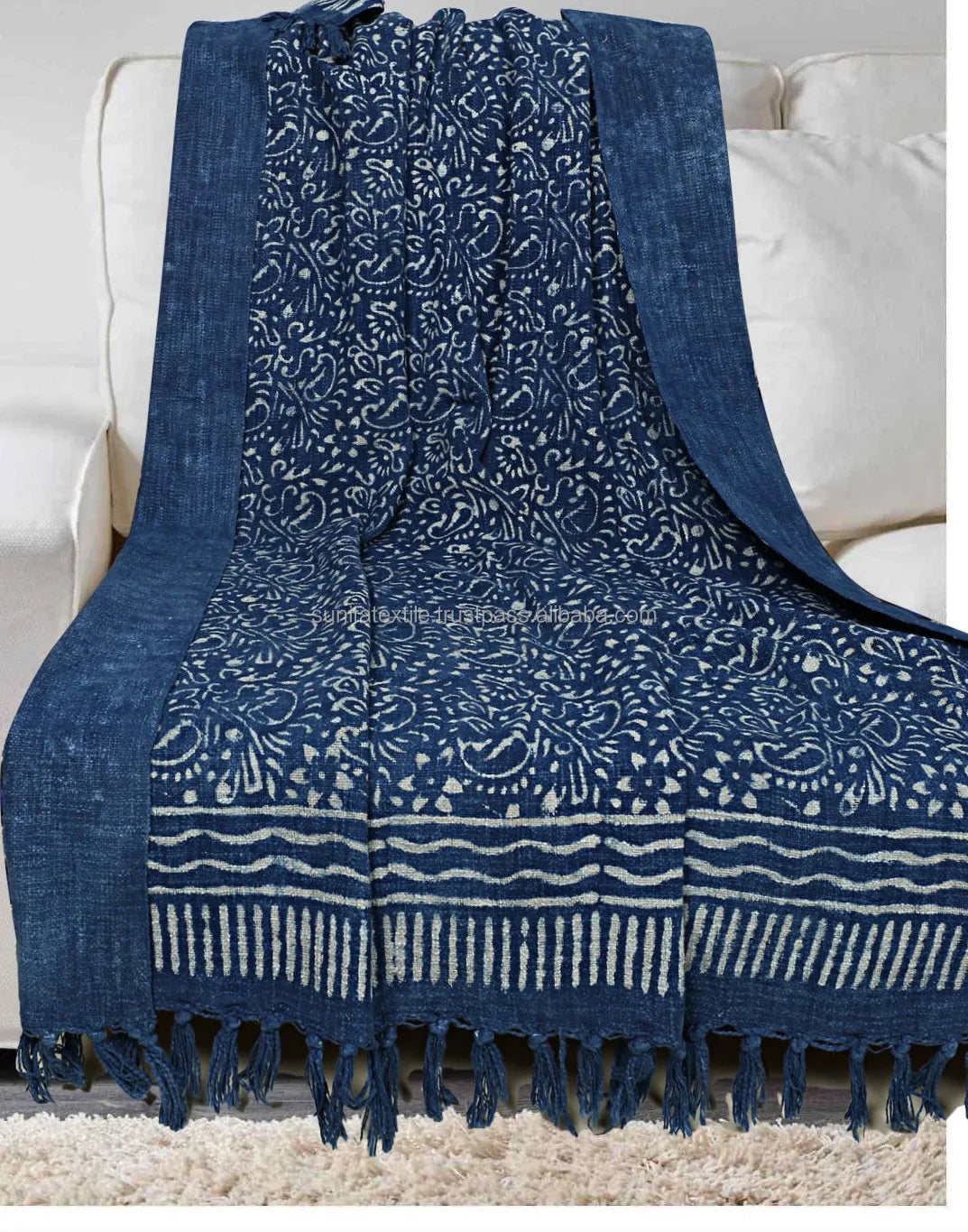 African Mudcloth Printed Blue Indigo 100% Organic Cotton Handwoven Soft Throw Bedding Blanket for Living Room Home Outdoor
