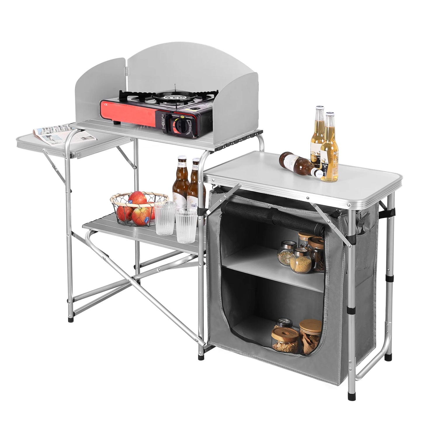 WOLTU Aluminium Foldable Camping Cabinet Travel Kitchen Cooking Storage Rack BBQ Table with Carry Bag for Outdoor Garden Picnic