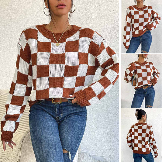 Color Matching Chessboard Plaid Loose Round Neck Pullover Long Sleeve Sweater