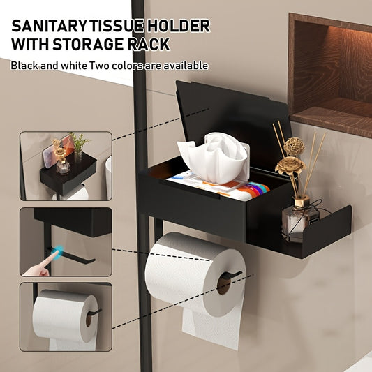 1pc Wrought Iron Bathroom Tissue Holder with Shelf - Self-Adhesive Wall Mounted Toilet Paper Roll Dispenser, Non-Drilling Installation, Multi-Functional Storage for Wet Wipes and Phone, Home Decor