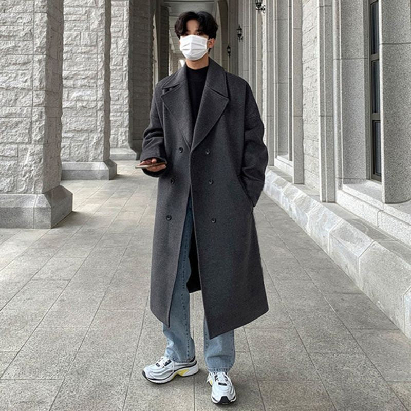 Winter Woolen Men's Mid-length Over-the-knee Suit Collar Double Breasted Woolen Trench Coat Thickened