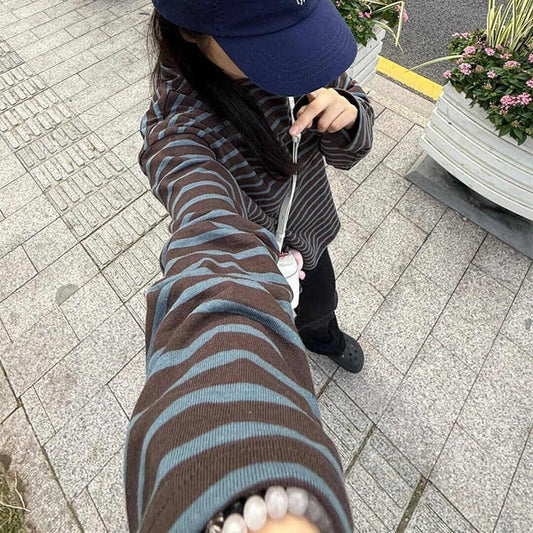 Korean Retro Striped Shoulder Long Sleeves