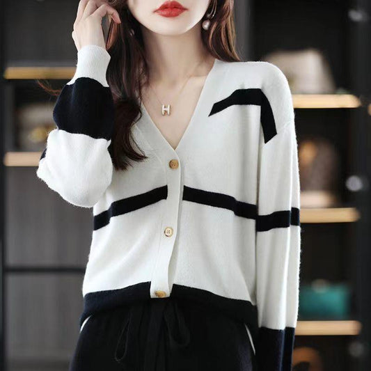 Fashion Striped Button Knitted Cardigan V-neck Women