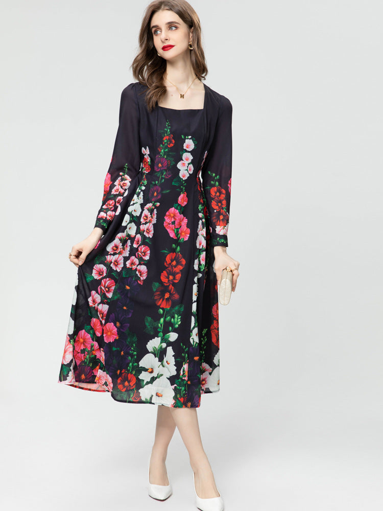 Modisches Kleid im Retro-Stil mit eckigem Kragen, langen Ärmeln, rotem Print und schwarzem Midi-Länge