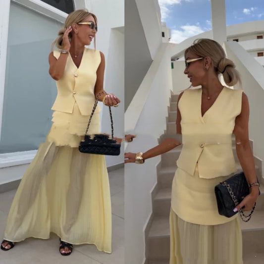 Women's Casual Solid-Colored Skirt And Pleated Long Skirt Set