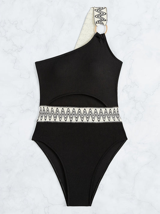 One Shoulder Cut Out Bathing Suit, Ring-Linked Asymmetrical Neck High Cut Bathing Suit, Women's Swimwear & Clothing