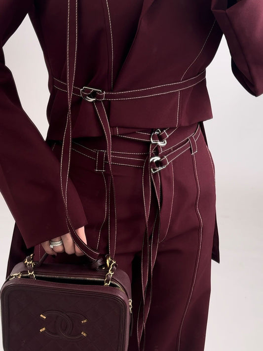 Burgundy Lace-up Top & High-waisted Pants Set
