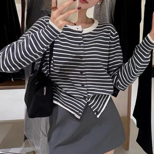 French Style Classic Style Striped Sweater Cardigan Coat For Women