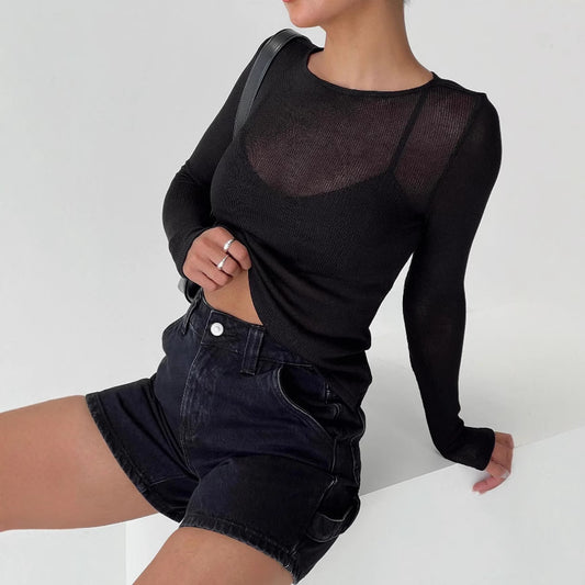 Mesh Round Neck Slim And Ultra-thin Sheer Long Sleeve Irregular T-shirt